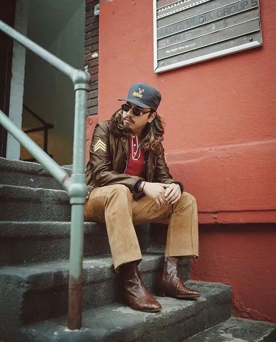 Leather Jacket with Corduroy Pants and Brown cowboy Boots